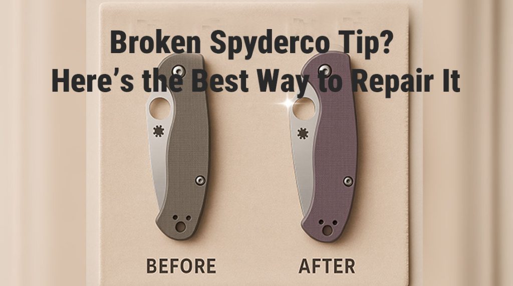 Spyderco knife with a broken tip beside sharpening tools