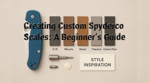 Disassembled Spyderco knife with custom G10 scales on a workbench