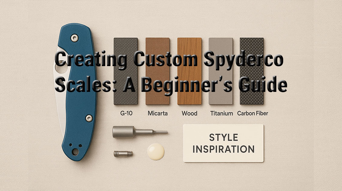 Disassembled Spyderco knife with custom G10 scales on a workbench