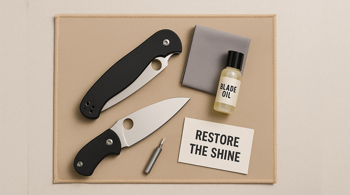 Refinishing a Spyderco blade using sandpaper and polishing tools