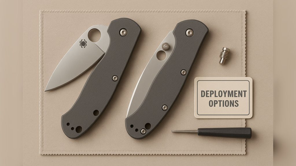 Spyderco knife blade with an aftermarket thumb stud installed beside the round hole