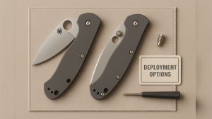 Spyderco knife blade with an aftermarket thumb stud installed beside the round hole