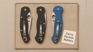 Spyderco knife with pocket clip removed, showing repositioning holes and tools