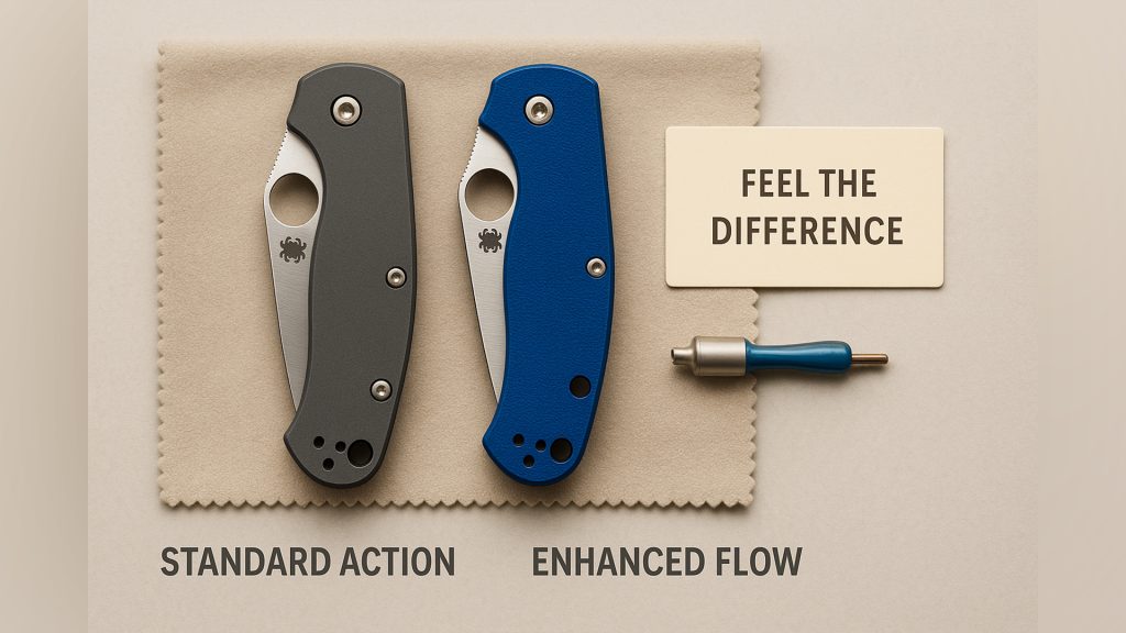 Disassembled Spyderco knife showing upgraded pivot bearings beside original washers