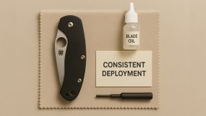 Disassembled Spyderco knife showing detent ball and track being inspected