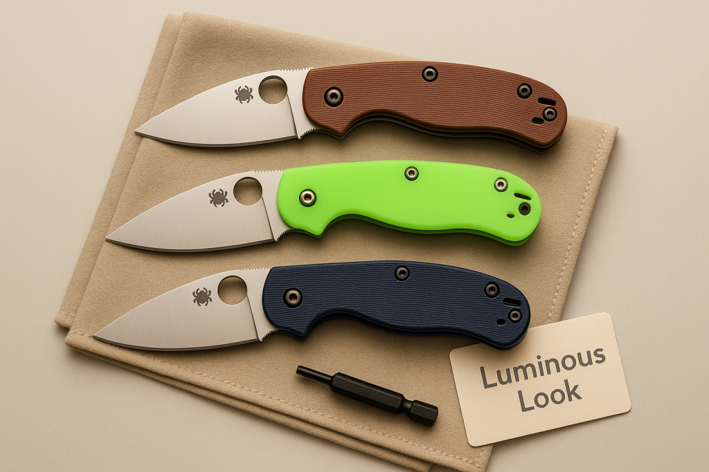 Spyderco knife with custom glow-in-the-dark handle scales glowing in the dark